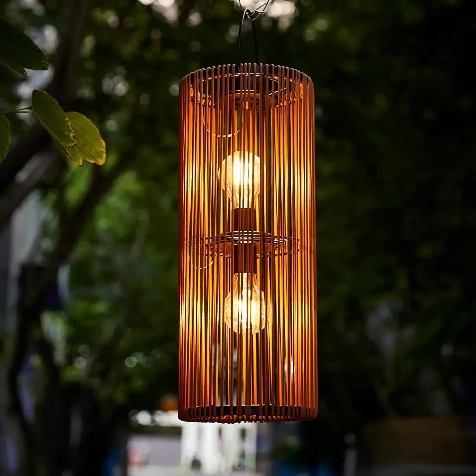 Solar Lantern Outdoor, Tall Rattan Edison Light, Brown