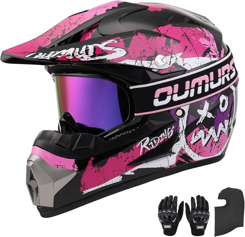 OUMURS DOT Adult ATV Dirt Bike Helmet with Goggles Gloves & Mask Adjustable Sun Visor Motorcycle Adult Helmet Off-Road Motocross Downhill Moped MX for Unisex-Adult OUMURS 125A-Matte Black