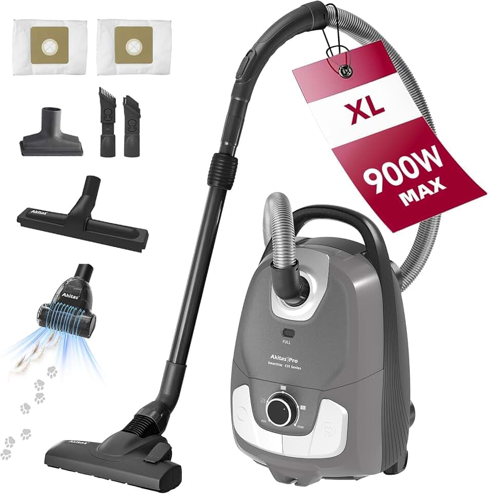 Akitas C11 Pet 900W Staubsauger mit Beutel – inkl. zusätzlicher Turbo-Tierhaarbürste, 7 m Netzkabel & 10 m Arbeitsradius, verstellbare Saugkraft, große Kapazität, für Harte Böden & Teppiche