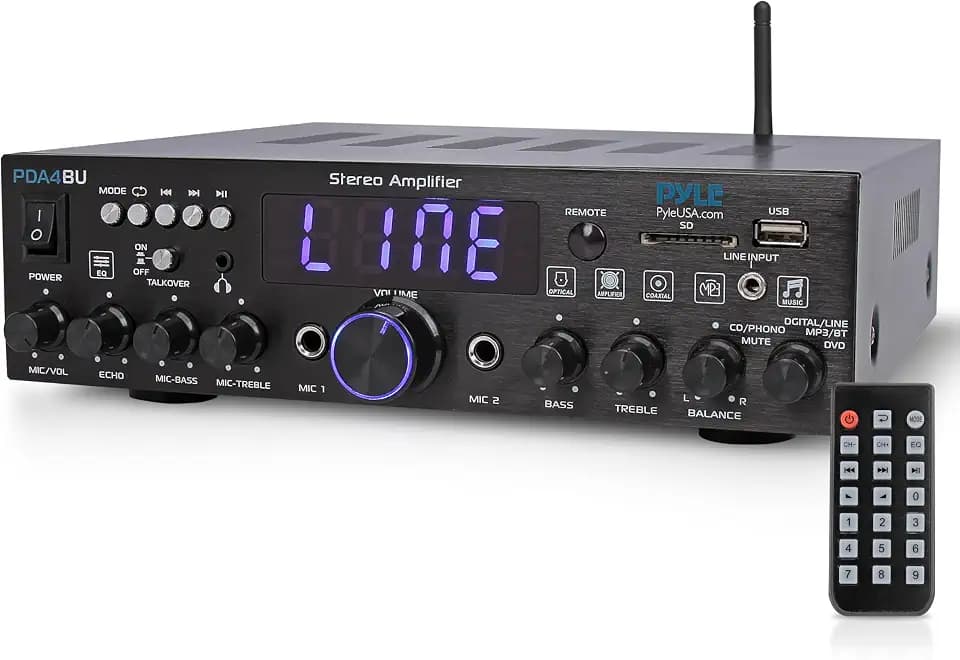 Pyle Wireless Bluetooth Home Stereo Amplifier- Multi-Channel, 200W Power Amplifier, Home Audio Receiver System w/ Optical/ Phono/ Coaxial, FM Radio, USB/SD,AUX, RCA, Mic in, Antenna, Remote- PDA4BU.5