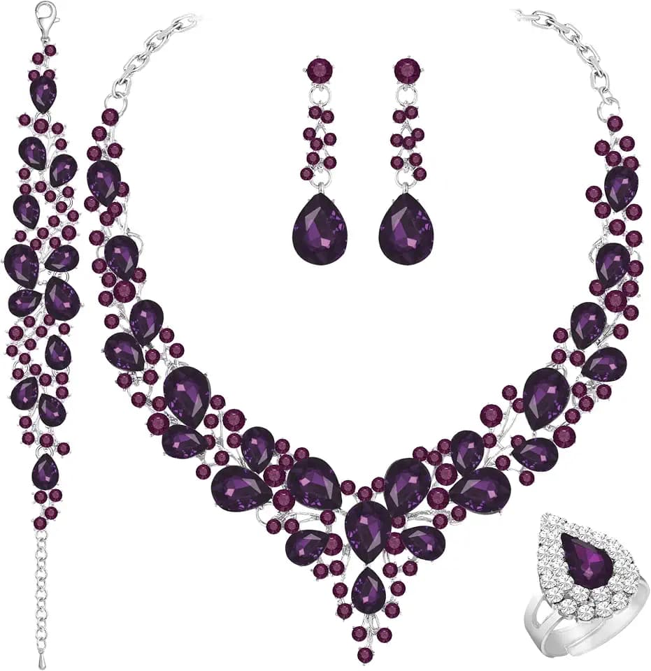 Paxuan Crystal Bridal Wedding Jewelry Sets for Women Rhinestone Teardrop Crystal Statement Choker Necklace Drop Earrings Link Bracelets Rings Teardrop Jewelry Set for Brides Bridesmaids