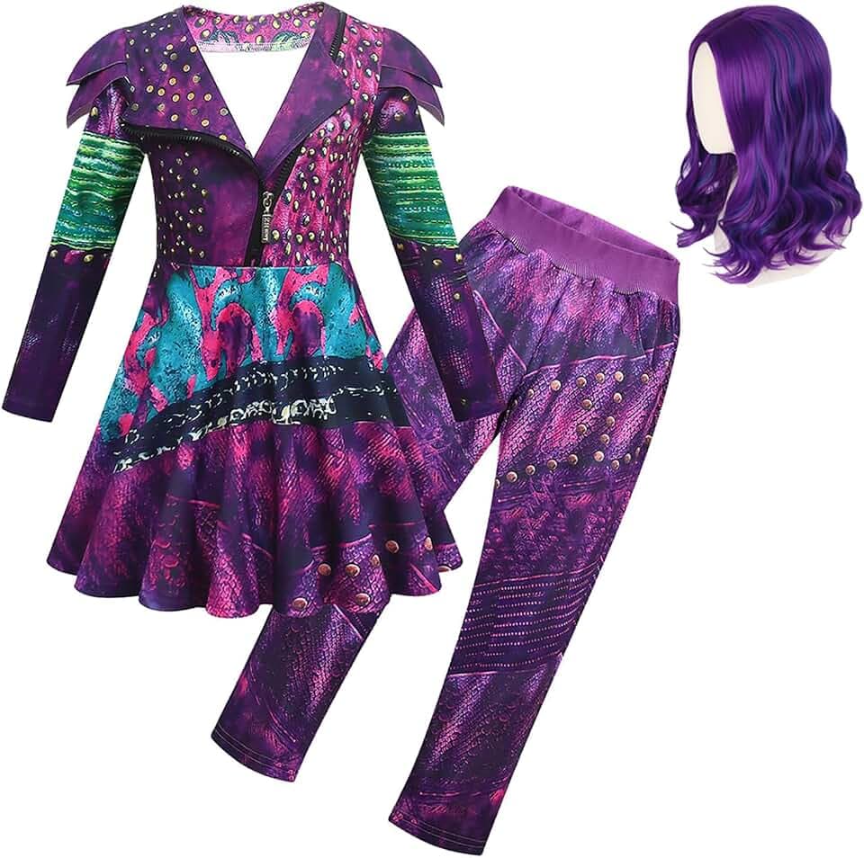 Mal Costume for Girls Cosplay Evie Outfit Jacket Pant with Wig Set Villian Kids Princess Halloween Party Dress Up