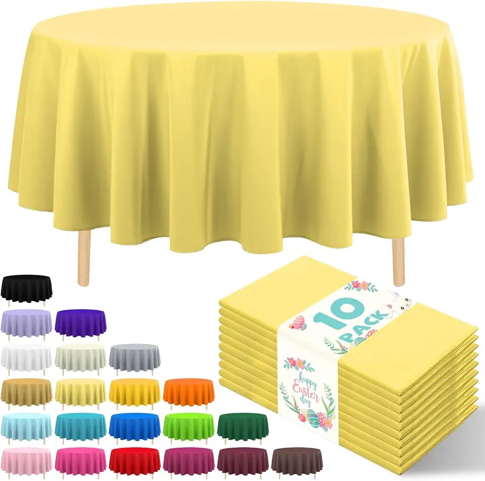 10 Pack Light Yellow Round Tablecloth 84 Inch Round Plastic Table Cloth Disposable Waterproof Table Cover for Wedding Birthday Bridal Shower Party Decorations