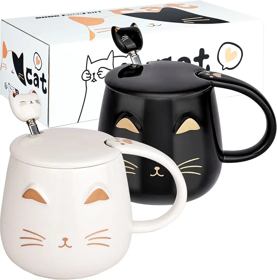 2er-Pack süße Katzenbecher,Katze-Kaffeetasse-Set mit Deckel und Löffel,Neuartiges Morgentee-Milchbecher-Set für Katzenliebhaber,Mädchen Frauen,Weihnachtsgeburtstagsgeschenk 380ML Weiß und Schwarz