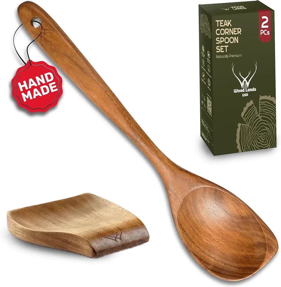 CORNER Teak Wooden Spoon for Cooking With Teak Spoon Rest - Made of Premium Natural Teak Wood