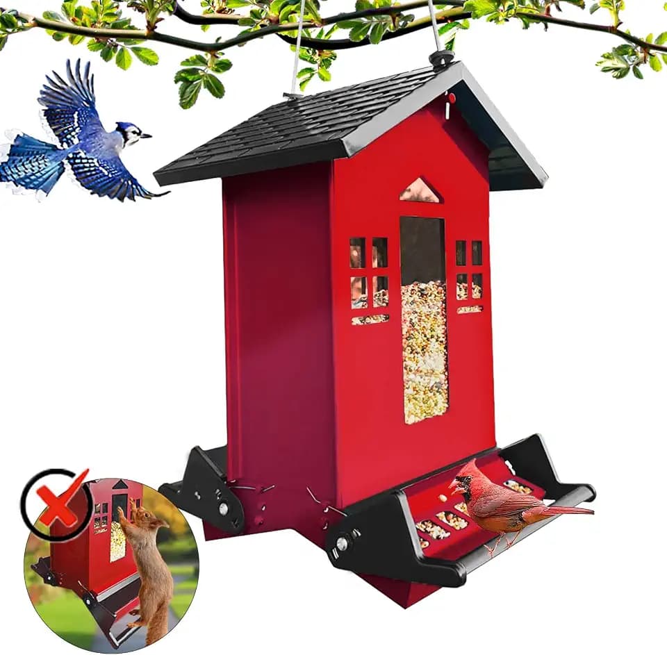 Squirrel Proof Bird Feeders for Outdoors, 6LB Metal Hanging Bird Seed Feeders, Large Wild Feeders for Cardinals,Backyard (Red)