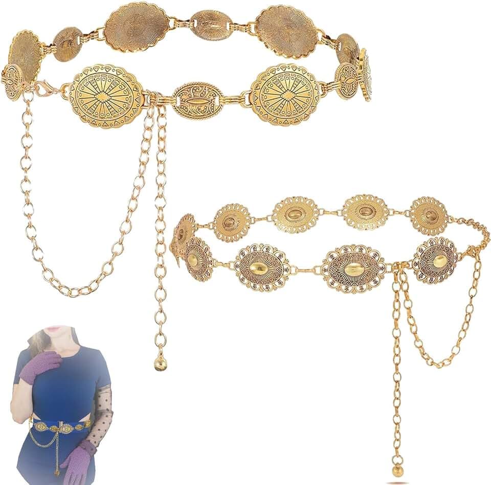 TREABEAR 2PCS Concho Kettengürtel Gold Taillenkette aus Metall, Verstellbarer Gürtel für Damen, Bauchkette Gold Pirat, Cowgirl Gürtel Damen, Y2K Accessoires für Kleider