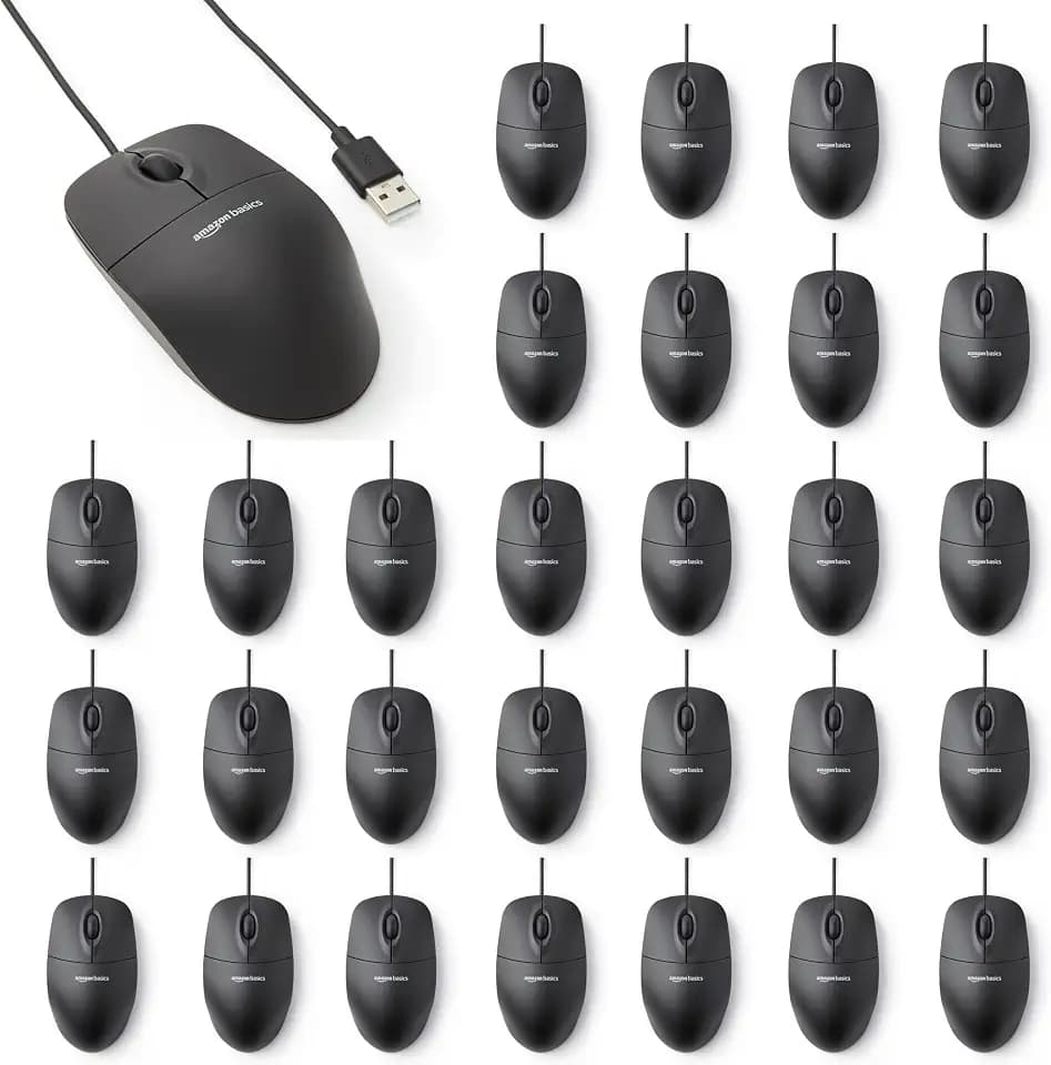 Amazon Basics 3-Button USB Wired Computer Mouse, Black, 30-Pack