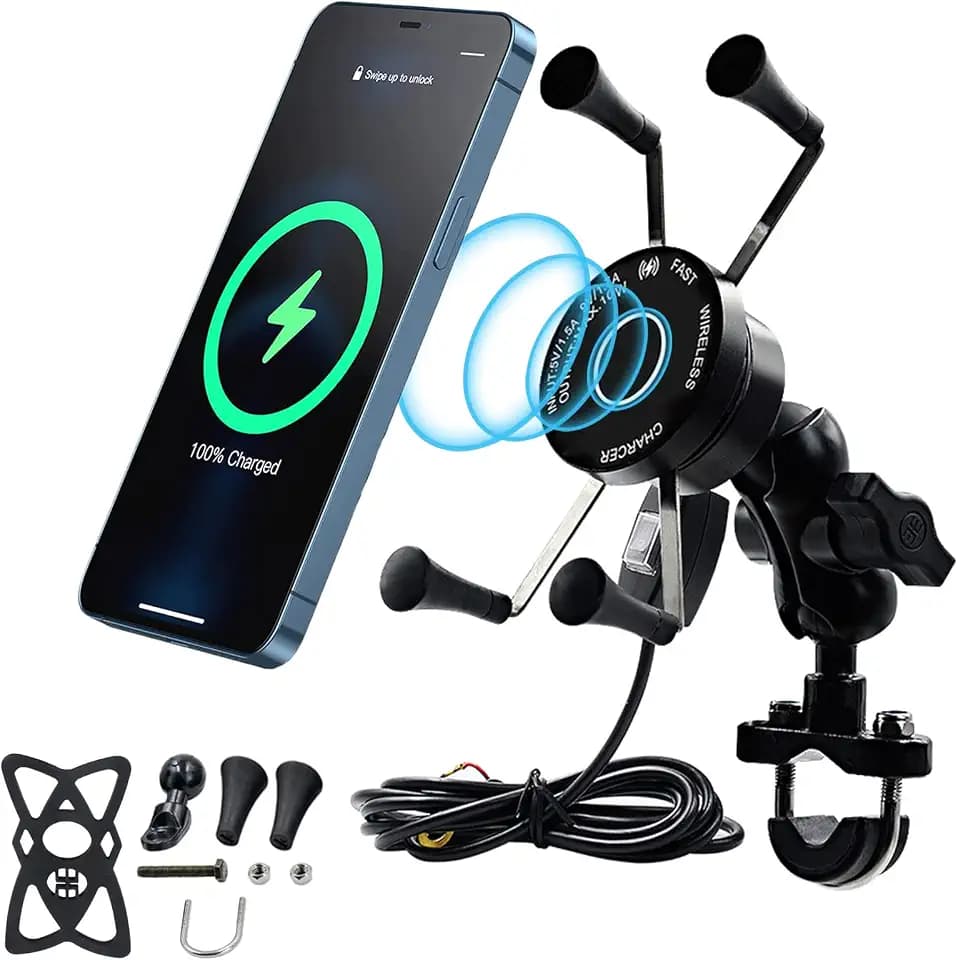 15W Fast Charging Adapter, Wireless Qi Motorcycle Phone Holder with 4 Jaw Mechanical Locking, 360° Rotating Aluminum Alloy, Compatible with 3-7 inch Smartphones