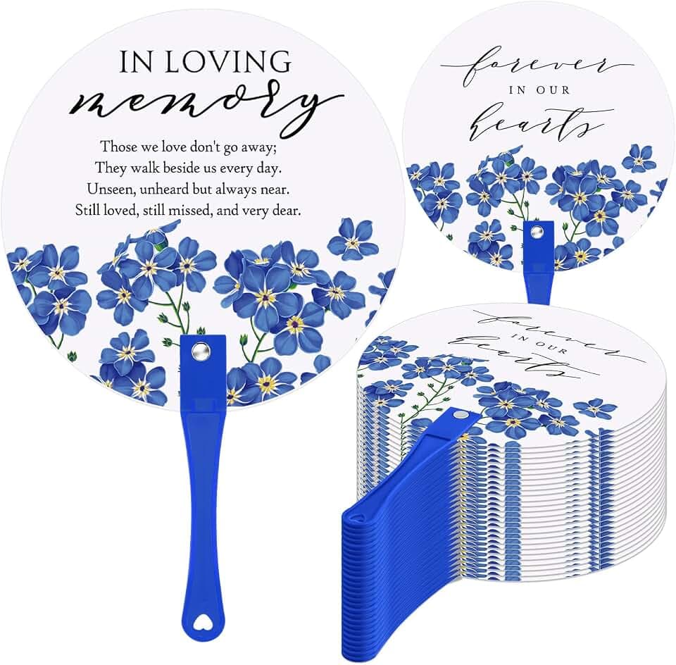 Teling 50 Pcs Funeral Favors Fans Memorial Plastic Celebration of Life Handheld Fans with Plastic Handle Hand for Funeral Guests Services Condolence Sympathy Gift Supplies(Forget Me Not)