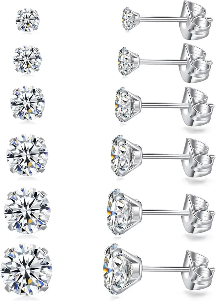 6 Pairs Stud Earrings Set, Hypoallergenic Cubic Zirconia Earrings 316L Stainless Steel CZ Earrings 3-8mm