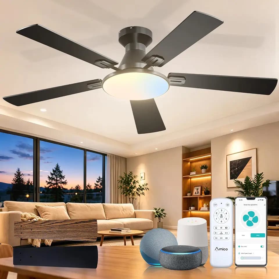 Amico 52 Inch Smart Ceiling Fans with Lights, Flush Mount, Black