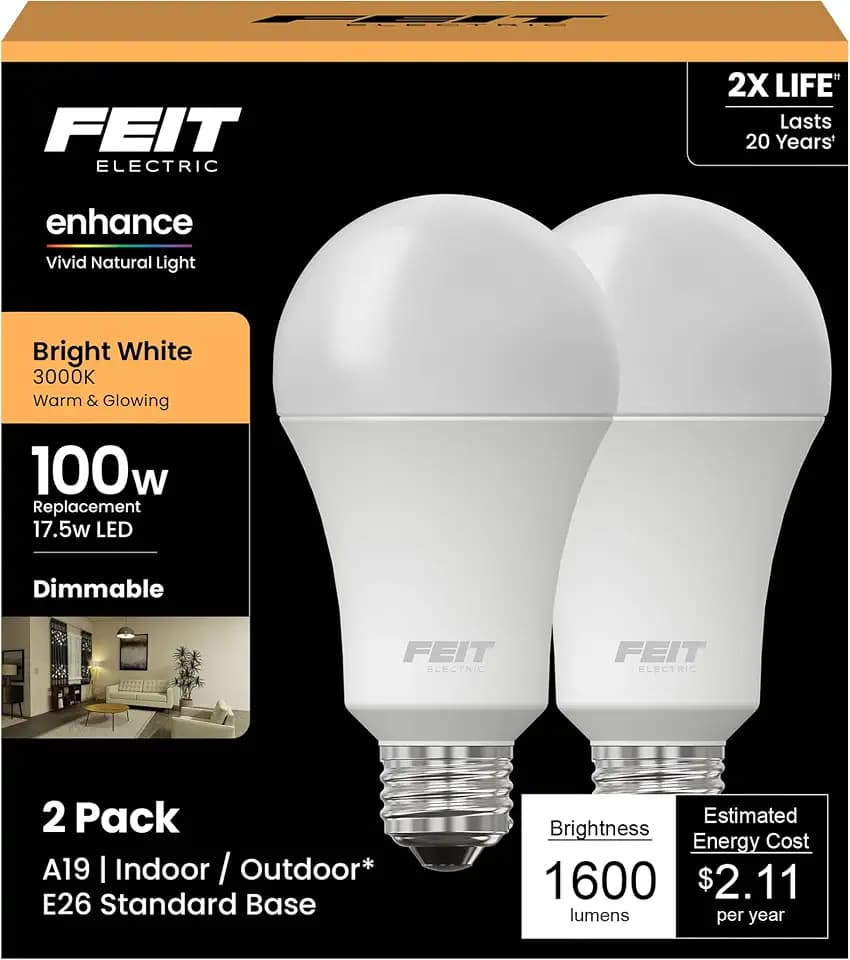 Feit Electric Enhance A19 LED Light Bulb, 100W Eq, Bright White, 2 Pack