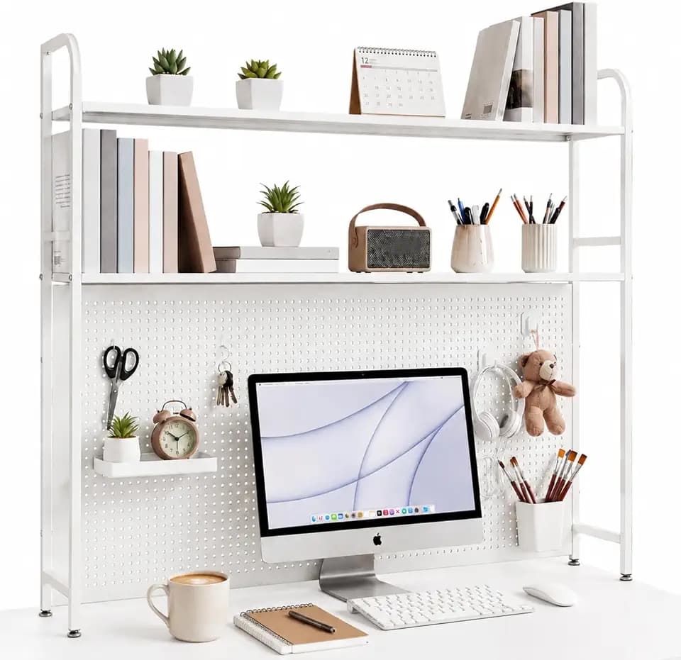 Leinuosen Desk Hutch for Dorm with Pegboard 2 Tier Dorm Desk Organizer