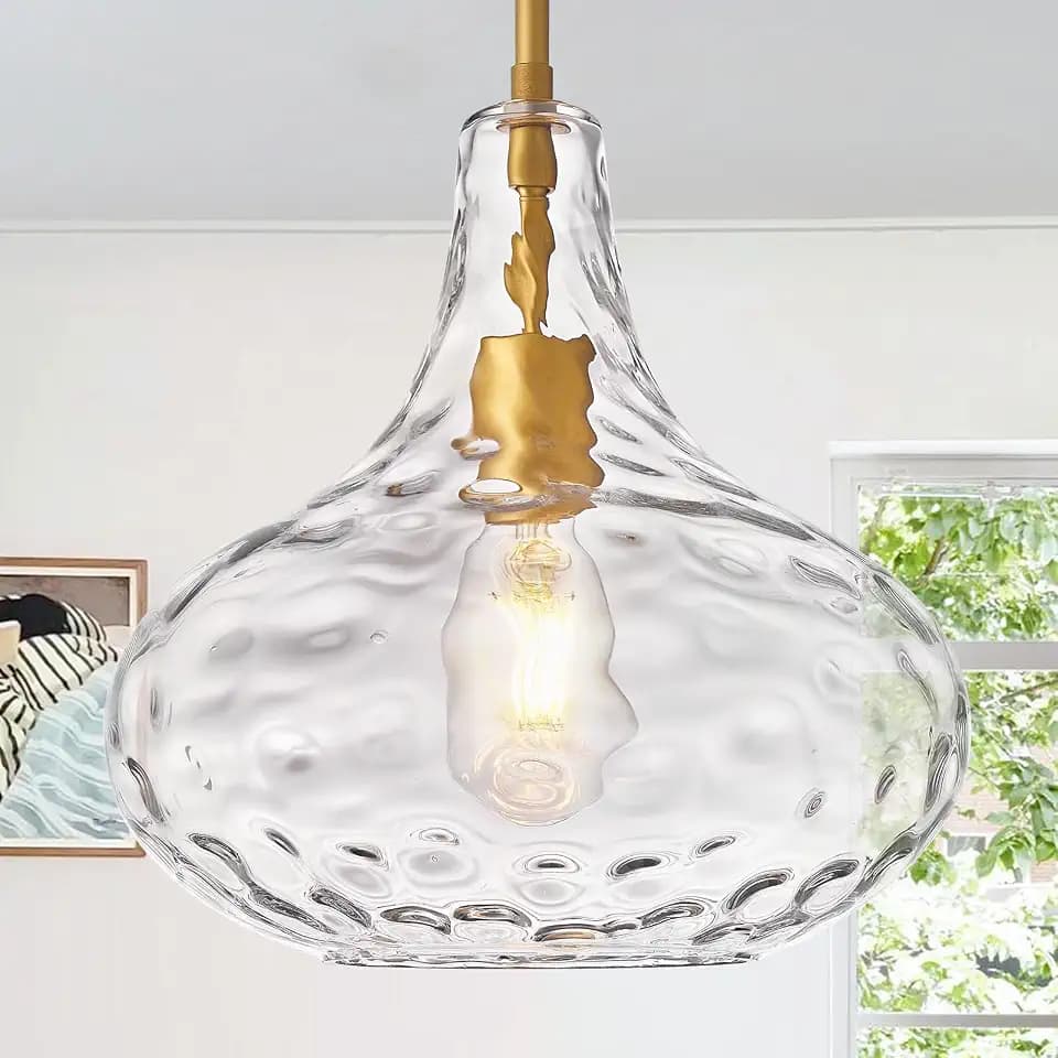CATINER 11" Clear Hammered Glass Pendant Light, Gold Kitchen Island Light
