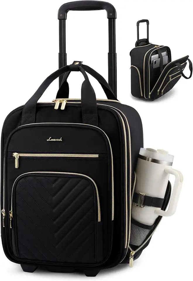 LOVEVOOK Underseat Carry On Luggage with Wheels, Stylish Under Seat Luggage with Giant Tumbler Holder Pocket, Soft Sided Small Suitcase for Travel, Work