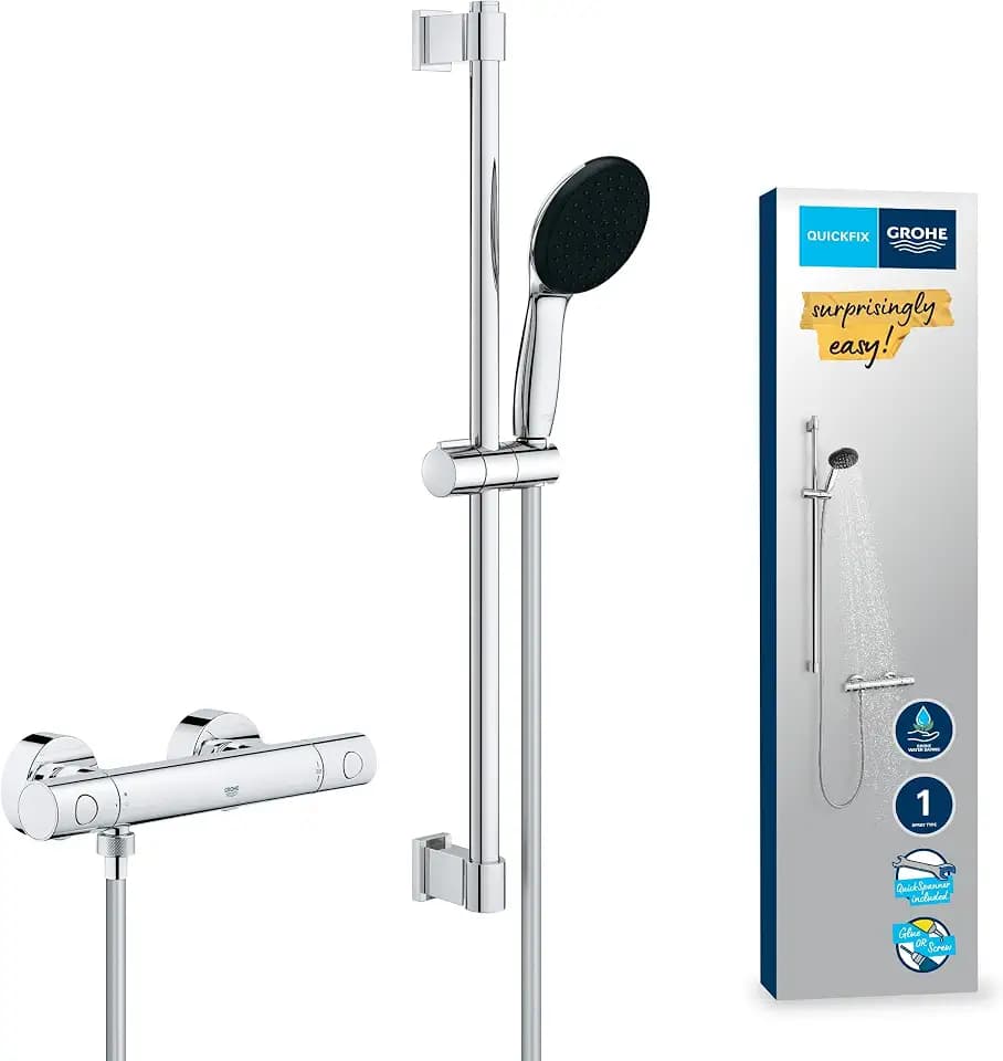 GROHE Precision Get, Duschset mit Thermostat wassersparend, 8l pro Min (Duscharmatur hält Temperatur konstant, Duschkopf 1 Strahlart, 175cm Schlauch, Duschstange 60cm, 3in1 Werkzeug), chrom, 34856000