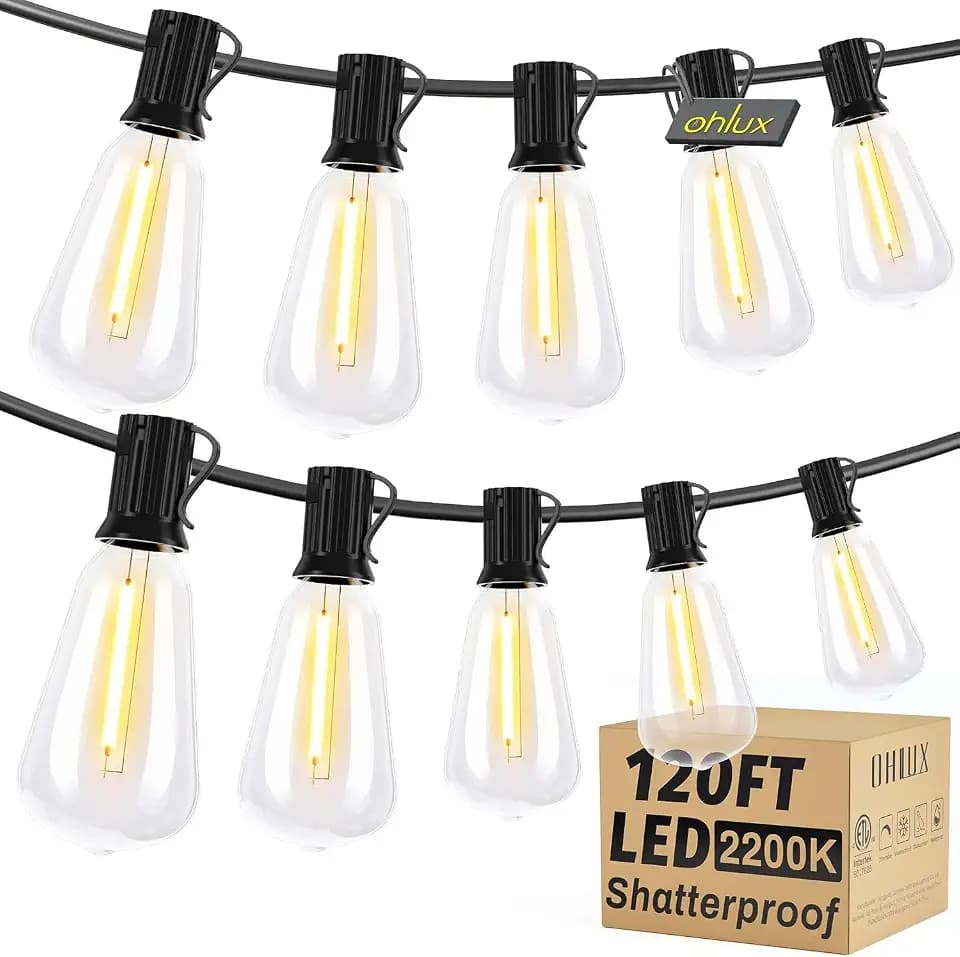 OHLUX 120FT Outdoor String Lights, 62 LED ST38 Edison Bulbs, E12 Base, 2200K Cafe Warm Color, Max.Connectable 14 Strands, Anti-Fall & Waterproof Dimmable Hanging for Outside Patio Backyard Bistros