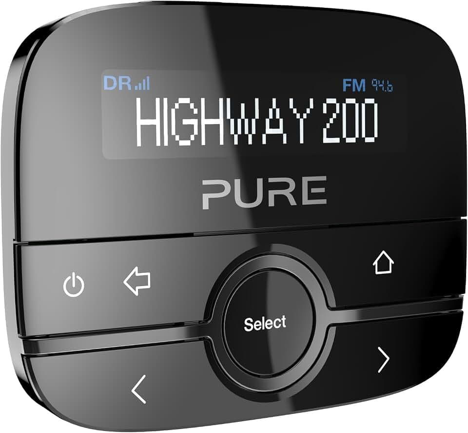 Pure Highway 200 In-Car-Audioadapter (DAB/DAB+ Digitalradio mit dimmbaren Display, Aux-In Anschluss und 20 Senderspeicherplätzen), Schwarz