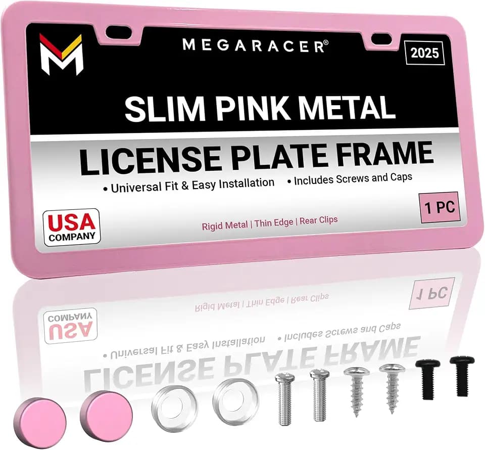 Premium Slim Princess Pink License Plate Frame, 1 Piece, Thin Edge, Metal