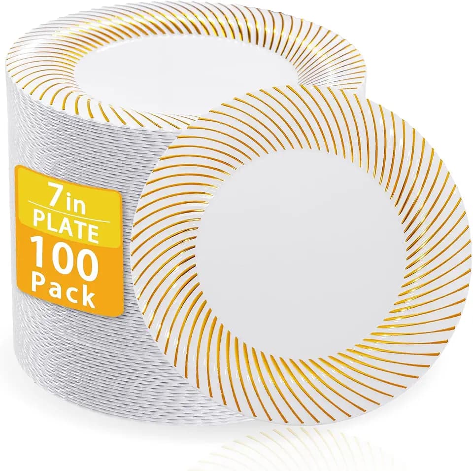 IOOOOO 100 Pcs 7" Gold Plastic Dessert Plates, Heavy Duty Dessert Plates