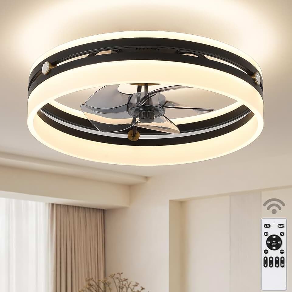 JUSHENG 20" Ceiling Fans with Lights and Remote, Low Profile Ceiling Fan, 3000-6500K Dimmable Modern Flush Mount LED Fan Light, 6 Wind Speeds, Black Ceiling Fans for Bedroom