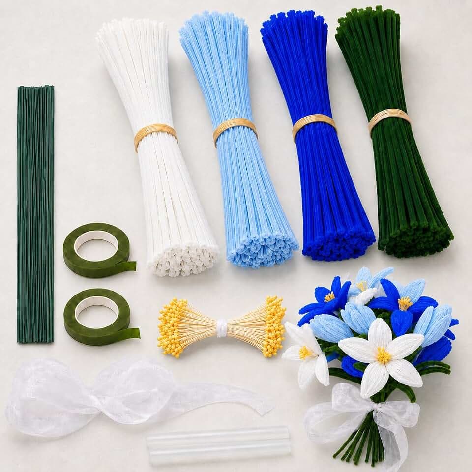 400 Stück Pfeifenreiniger Blumen Set, 4-Farben Pfeifenputzer zum Basteln – Chenilledraht DIY Set für Blumensträuße, Papierblumen Deko, Handwerk Basteln & Floristik Dekorieren (Blau)