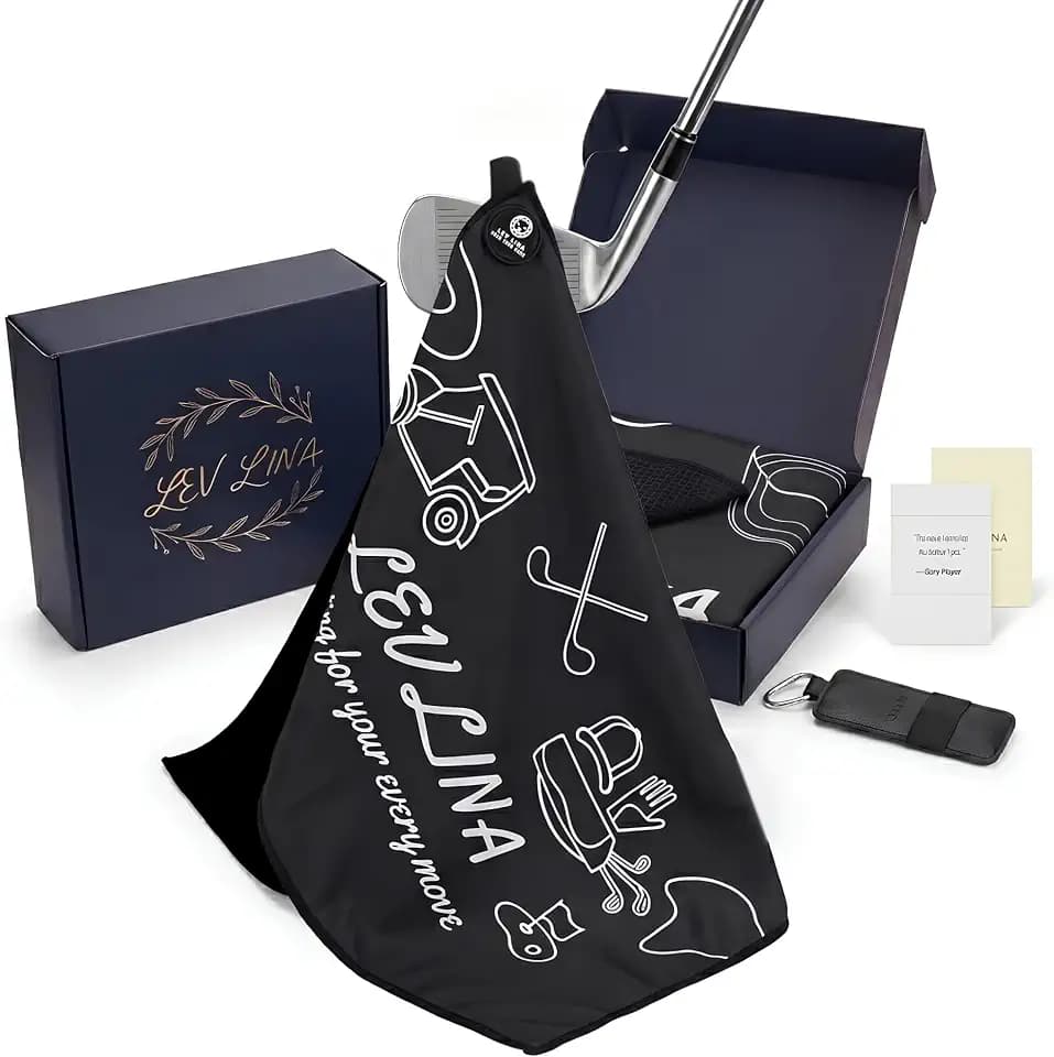 Magnetic Golf Towel for Bag, N52 Strong Magnet, 24" x 16" Dual-Sided Microfiber Waffle & Suede, Ultra Absorbent, with Tee Holder & Gift Box (Black)