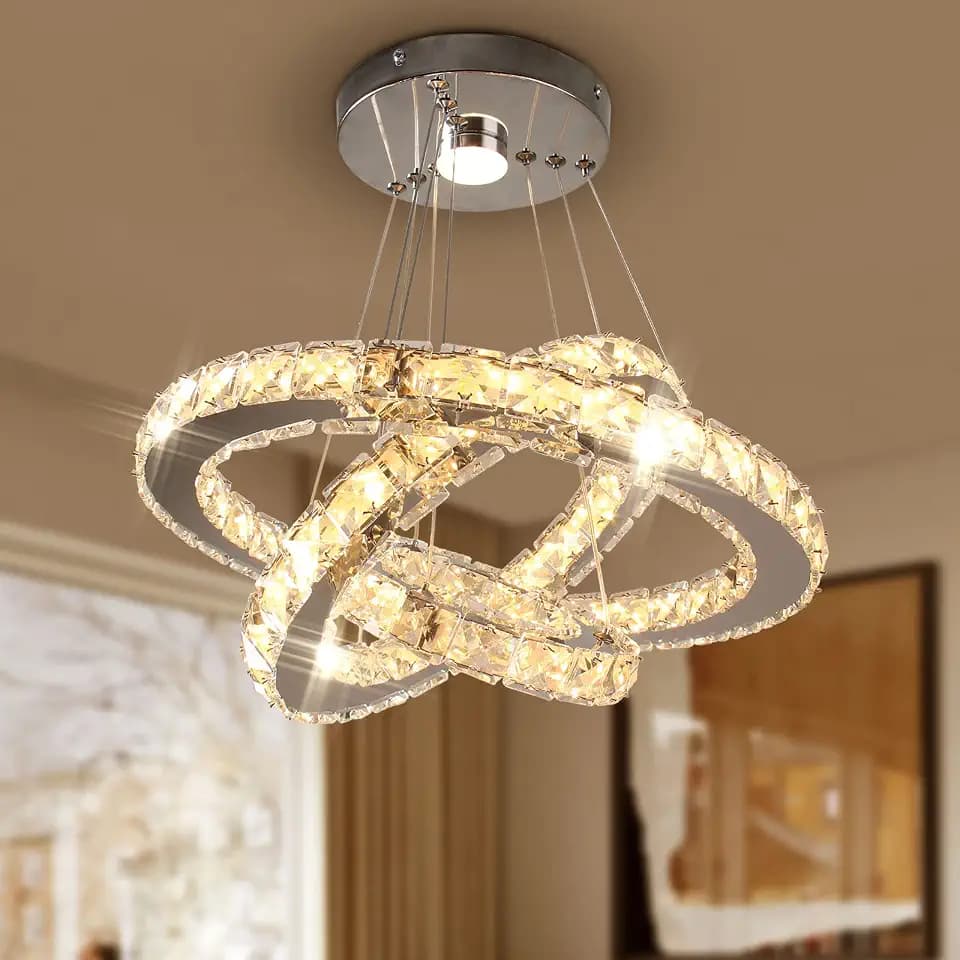 3-Ring Crystal Chandelier Adjustable LED Pendant Warm White