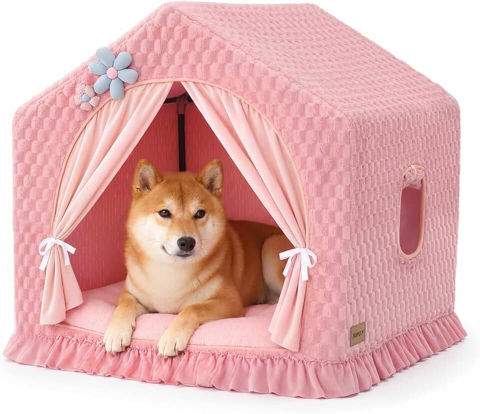 Indoor Dog House with Frame,Cute Large Dog Tent Bed with Cover Cave,Pink
