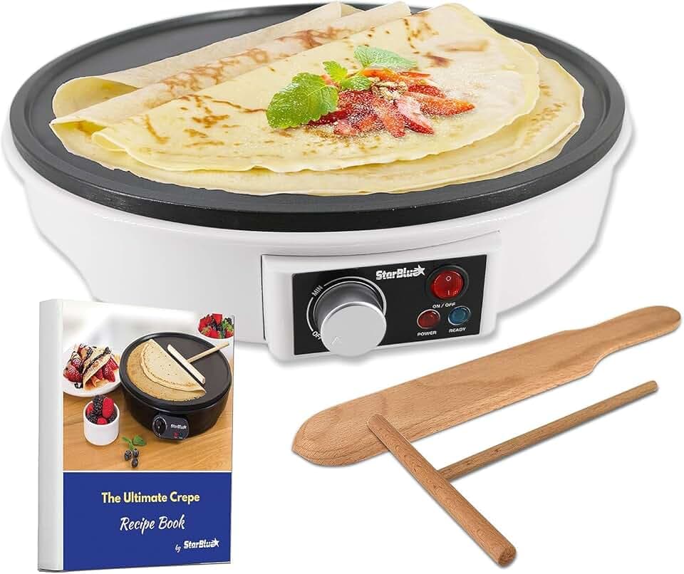 StarBlue elektrischer Pfannkuchen- und Crêpe-Maker, 30,5 cm, mit freiem Rezept-E-Book und Holzspatel — 220 — 240 V, 50/60 Hz, 1000 W, UK-Stecker, Europa-Adapter im Lieferumfang enthalten