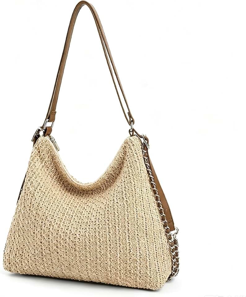 Woven Hobo Bag for Women,Straw-Like Shoulder Bag with Adjustable Strap，Summer Straw-Like Shoulder Bag Slouchy Purse
