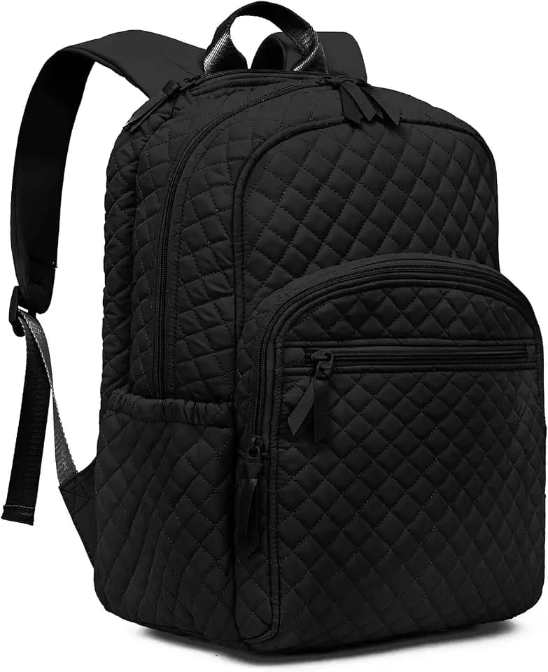 Backpack for Women,College Backpack,Quilted Casual Daypack,Waterproof Bookbag for 15.6Inch Laptop (Black)