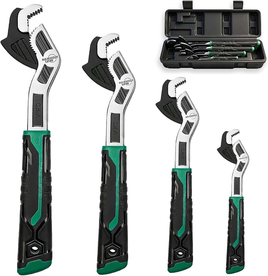 4-Piece Self-Adjusting Pipe Wrench Set with Case, 6, 8, 10 and 12 Inch CR-V Steel Self-Locking Plumbing Wrenches, 0.28-1.38 Inch (7-35 mm) Jaw Capacity for Pipes, Fittings and Nuts