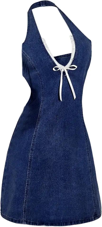WDIRARA Women's Bow Halter Mini Jean Dress Lace Trim Denim Dresses
