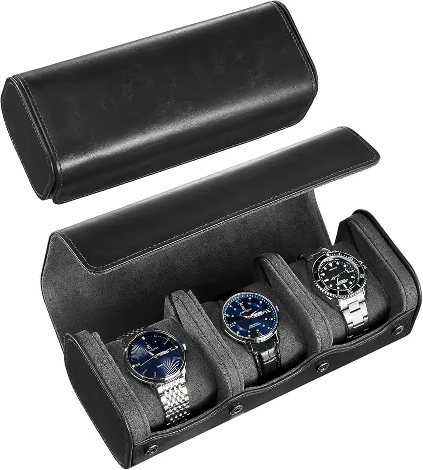 ProCase Watch Travel Case, 3 Slot PU Leather Watch Roll Box for Men, Black