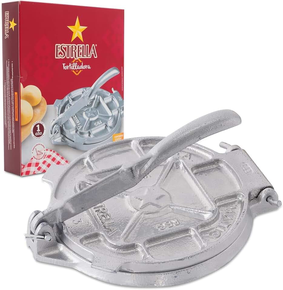 Estrella 7.5 Inch Cast Iron Tortilla Press, Heavy Duty Corn and Flour Tortilla Press, Prensa Para Tortillas, Tortillera Mexicana for Empanadas, Arepas and Sopes