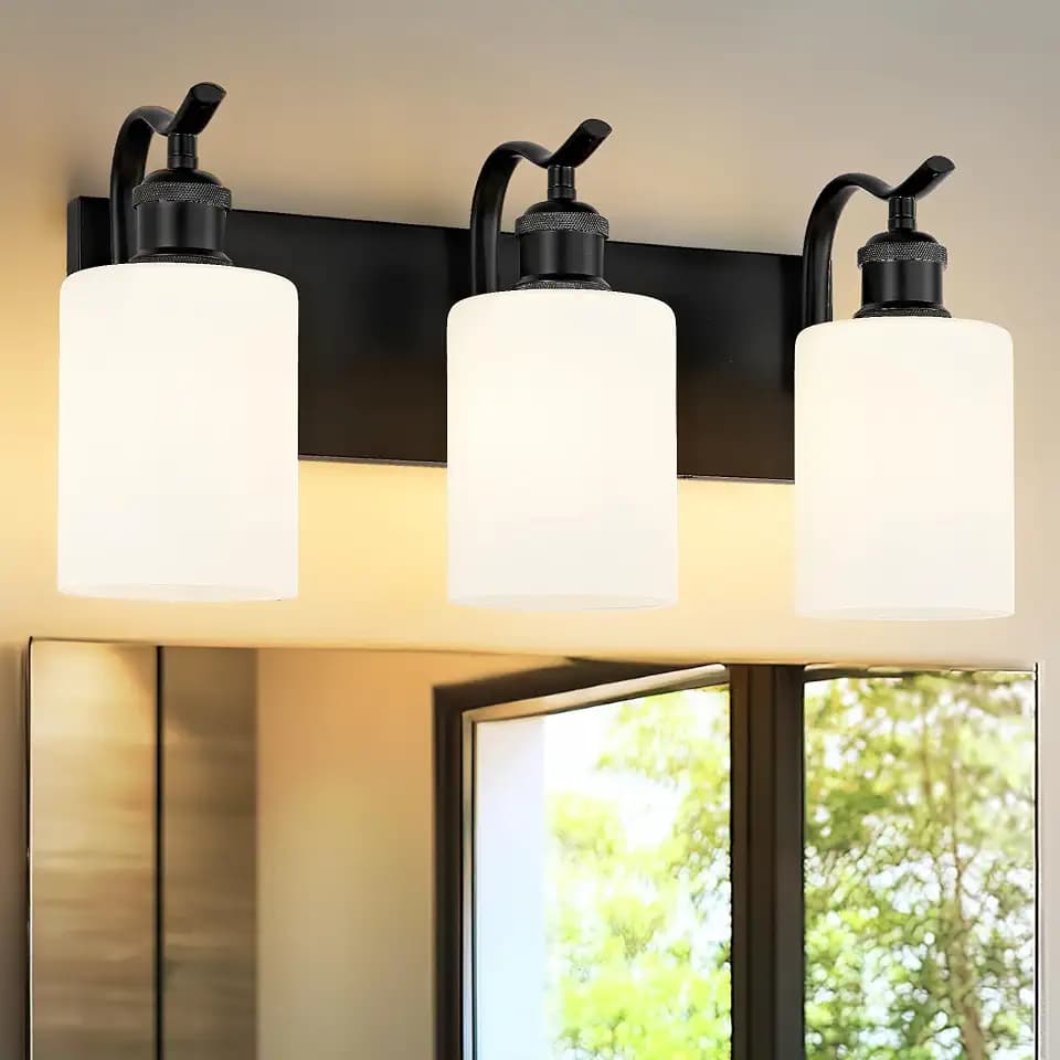 3-Light 19 Inch Bathroom Vanity Light,White Frosted Glass,Black