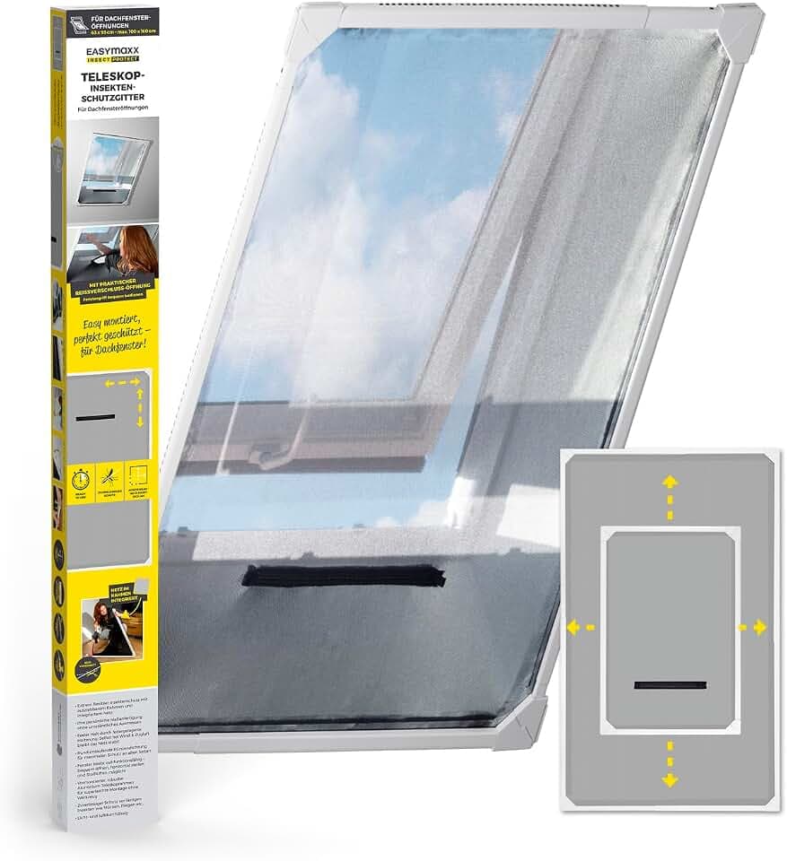 EASYmaxx Insect Protect Teleskop Fliegengitter Fenster mit Rahmen und integriertem Netz | Dachfenster Insektenschutz | Ohne Schneiden | Ohne Bohren | 63 x 93 cm bis 100 x 160 cm [Weiß]