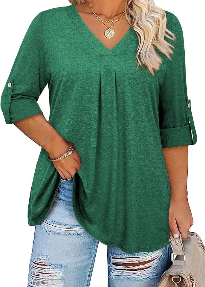 Siddhe Plus Size Tops for Women 3/4 Sleeve Shirts V Neck Blouses Tunic Top Spring Summer 2026