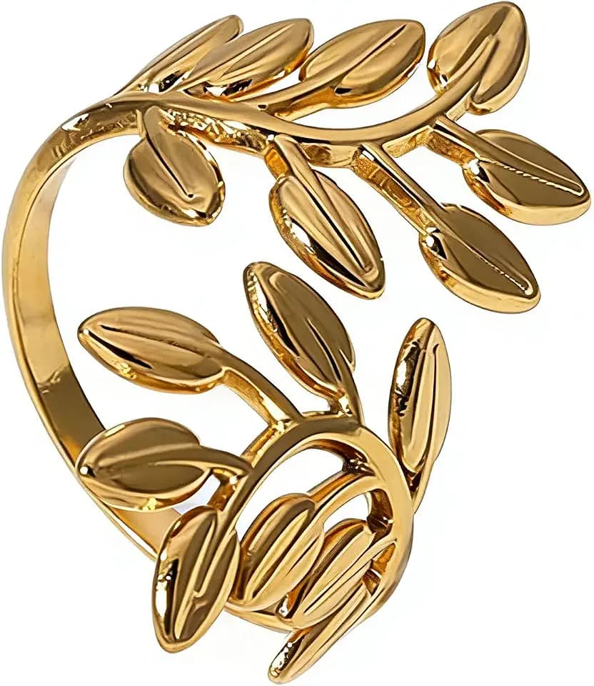 Stainless Steel Leaf Statement Ring for Women Laurel Branch Leaves Open Adjustable Band Fashion Finger Stacking Rings Birthday Party Jewelry Gifts Friendship