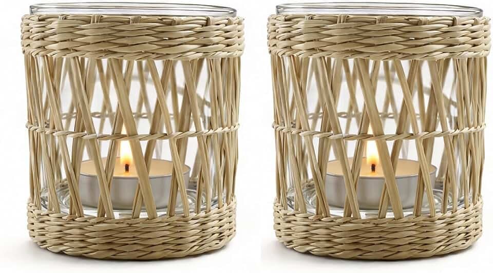 Kerzenständer Makramee Girlande, Windlichter Deko Kerzen, Kerzenhalter im Vintage-Stil aus Stroh, Beige Boho Deko Balkon für Kerzen Und Trockenblumen Und Dekoration(2pc-8.5x7.5)