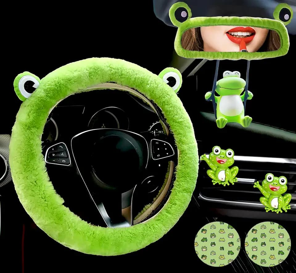 7-Pack Lovely Green Frog Car Accessories Set Fluffy Wool Sheepskin Steering Wheel Cover with Cup Coasters, Soft Plush Rear Mirror Cover Accessories for Women