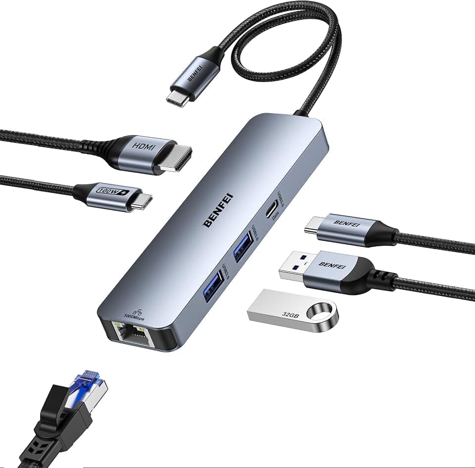 BENFEI 6in1 USB C Hub mit HDMI 4k@60HZ/PD 100W/ Gigabit Ethernet/ 1*USB C+2*USB A Datenports 5Gbps, USB Dock USB Adapter Multiportadapter für MacBook Pro/Air iPad iMac iPhone 15 Pro/Pro Max
