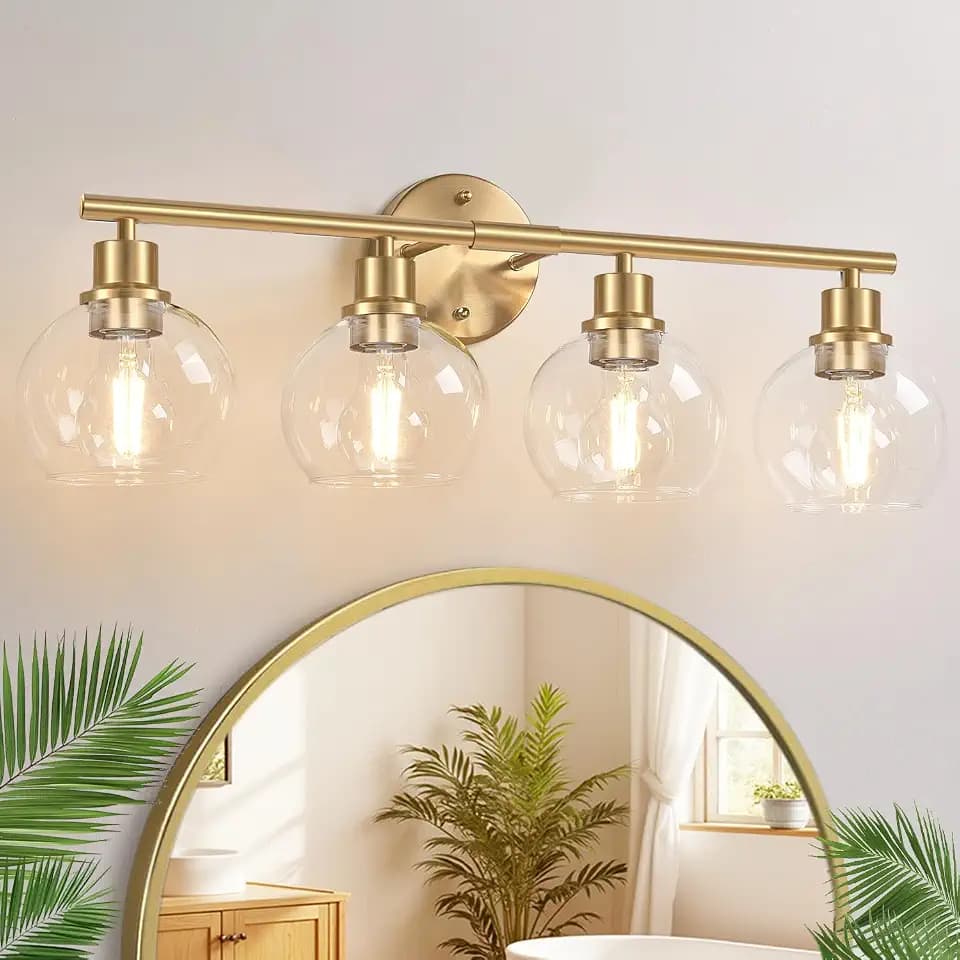 Indoi 4-Light Bathroom Light Fixtures,Gold Modern Vanity Lights Over Mirror with Clear Glass Globe Shade, Bathroom Wall Sconces for Mirror Kitchen Living Room Hallway Cabinet Bedroom Porch
