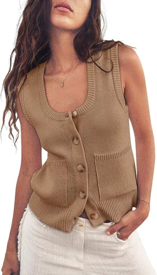 Yousify Womens Sweater Vest Ribbed Tank Tops Sleeveless Button Down Shirts