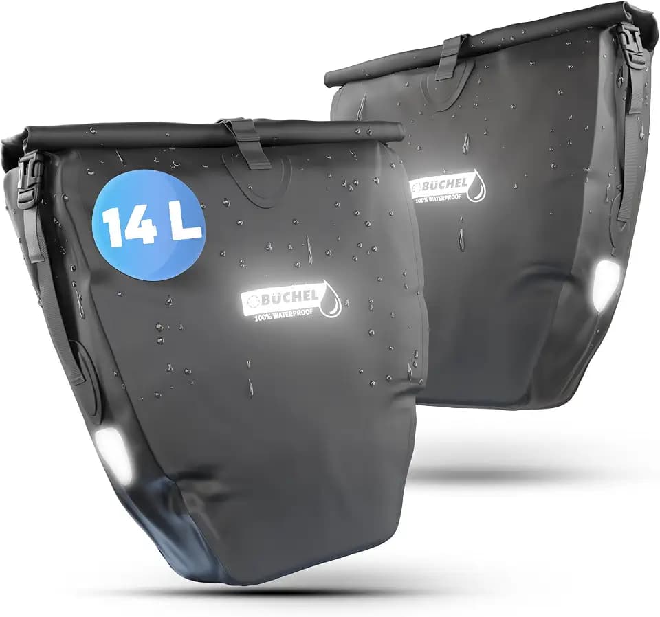 Büchel 14L Fahrradtaschen für Gepäckträger im 2er-Set, 100% Wasserdicht inkl. Schultergurt&Tragegriff, Fahrradtasche mit Reflektoren&Rastfunktion für Arbeit&Freizeit| Gepäckträgertasche Schwarz