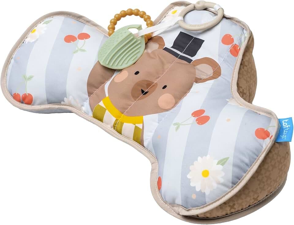 Tummy Time Babykissen Bär – Bauchmuskelkissen mit 2 abnehmbaren Spielzeugen – Entwicklung der motorischen Fähigkeiten und Nackenmuskeln – ab der Geburt – 40 x 27 x 11 cm – 13715