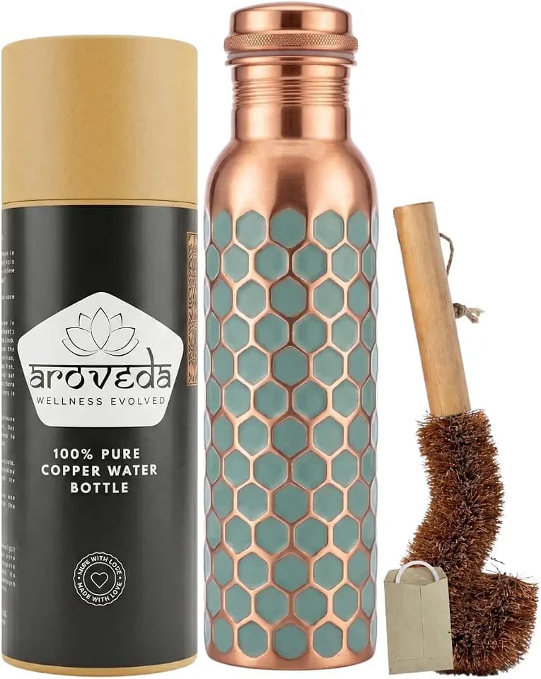 Pure Copper Water Bottle 32 oz — Antique Blue Leak Proof Ayurvedic Bottle for Drinking Water | Handmade Hammered 950 ml LAB Tested with Cleaning Brush & Spare Seal | Eco Gift Set