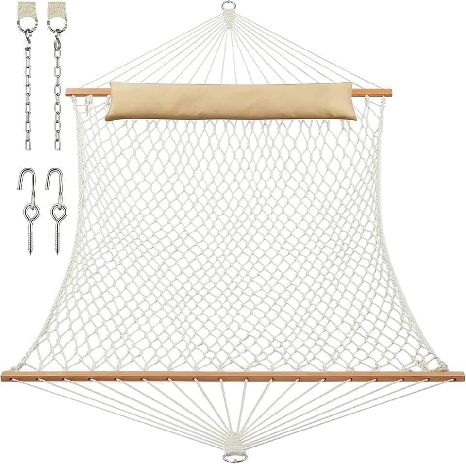 JoyView Traditional Rope Double Hammock - Hand Woven Cotton Hammock with Hardwood Spreader Bar and Pillow 450lb Capacity for Outdoor Indoor Patio Yard - Natural